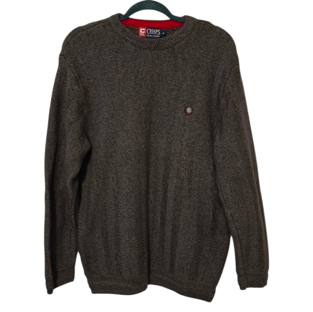 Vintage Chaps Ralph Lauren Cotton Gray Crewneck Sweater with Ribbed Details